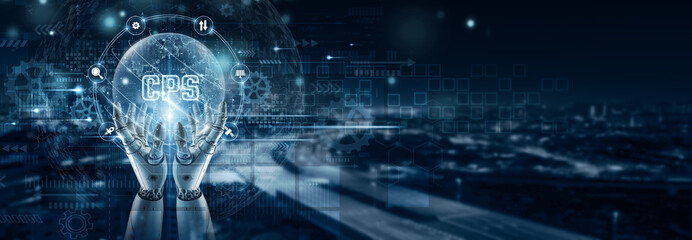 Wall Mural - hand of robot holding a cps icon on global network connection, cyber-physical systems, industrial io