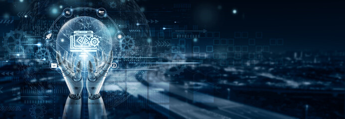 Hand of robot holding a software development icon on global network connection, coding frameworks, application design, agile processes, testing automation, system architecture, deployment strategies.