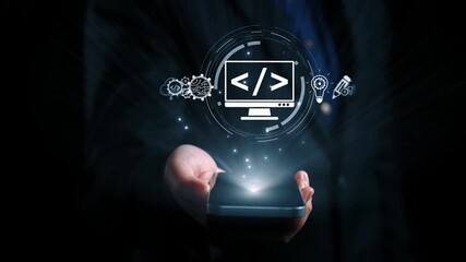 Modern web development concept featuring coding symbols, web development process, web development interface, and web development tools with futuristic design. Elide