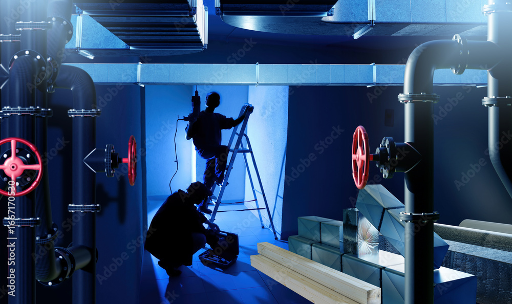 Workers installing ventilation and pipeline system in industrial ...