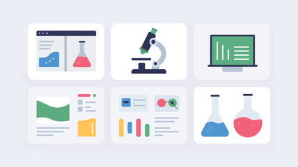 A collection of scientific icons including beakers, microscopes, and data visualizations in a grid layout