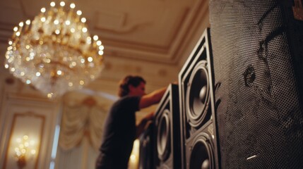 Close medium view of sound engineer securing array speakers behind fabriccovered grill panel in classic ballroom setting crisp focus on main speakers with blurred chandelier and