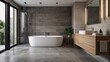 © Orislava - Modern bathroom with a sleek freestanding tub, natural wood accents, and a minimalist design in neutral tones.