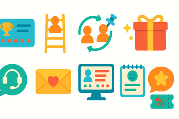 Business and communication flat icon set. professional, social media, efficient