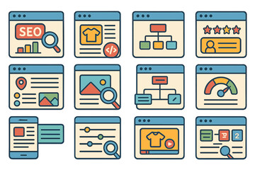 Web design flat icon set. seo, interface, development, content, ui, ux symbols collection