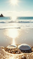 Wall Mural - Coastline scene with shells scattered on the sandy beach, great for travel or nature-related projects