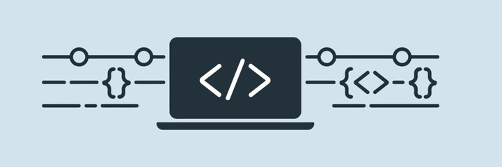 A stylized laptop with code symbols and connecting lines on a light blue background in a flat design style