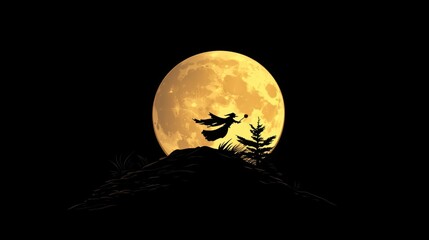  Silhouette of witch flying on broomstick in front of full yellow moon