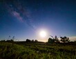 © Will - A dark night in a field with stars and the moon in the sky.