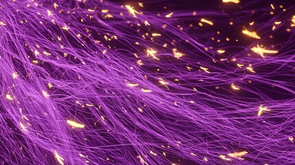 Wall Mural - Abstract purple filaments with golden particles floating in a dark space.