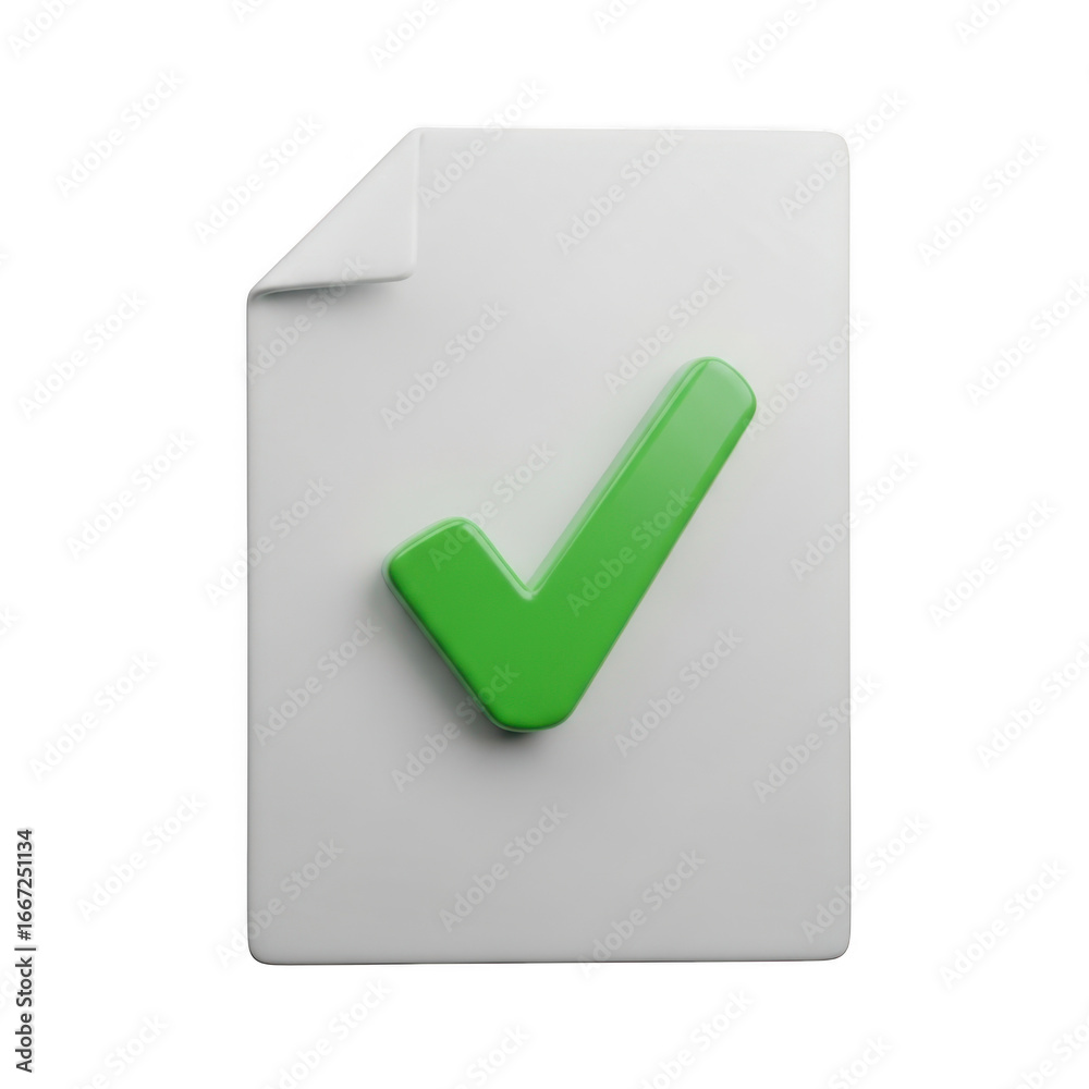 Simple 3d rendered white document icon with green checkmark symbol for ...