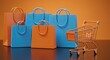 © JAHIRUL - Shopping bags and miniature shopping cart on a warm orange background