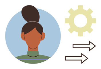 Wall Mural - Womans profile in a circular frame, cream gear, and two directional arrows symbolize process optimization, teamwork, improvement. Ideal for productivity, leadership, change, HR training simple flat