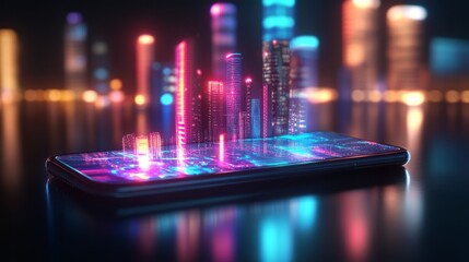 Imagine a futuristic city skyline displayed smartphone screen showcasing advanced holographic technology innovative digital architecture. This represents the next big step in the realm of cyberspace