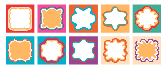 Wall Mural - Groovy rectangle bubble frames in retro outline style create a playful border set. Wavy shape and y2k burst border form bold abstract background with trendy outline and fun visual impact.
