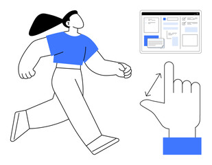 Confident woman walking next to a digital interface, and a hand gesture implying interaction. Ideal for navigation, user experience, technology, progress, user interface, accessibility, simple flat