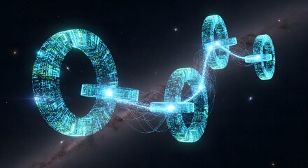 Abstract blockchain network with glowing blue rings in digital cyberspace