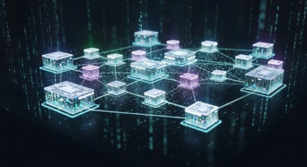 Digital network of glowing cubes in futuristic cyberspace with data connections