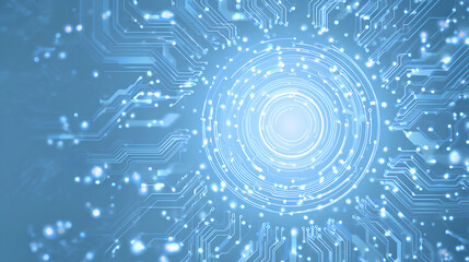 Canvas Print - futuristic technology background with white circle circuit wires on light blue motherboard. ai chip 