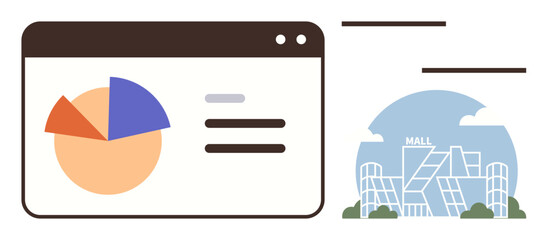 Pie chart and bar graph within a web interface beside a modern shopping mall image. Ideal for e-commerce, retail marketing, business strategy, data analysis, planning, consumer trends