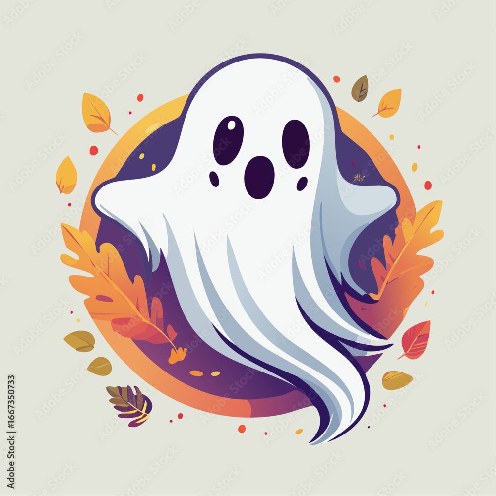 Cute autumn ghost cartoon vector illustration with leaves isolated ...