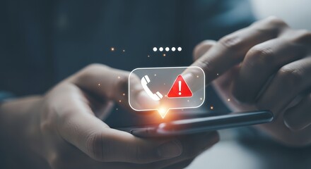 A person's hands are shown using a smartphone with an illuminated bubble displaying a phone icon and a warning symbol alert notification call message communication