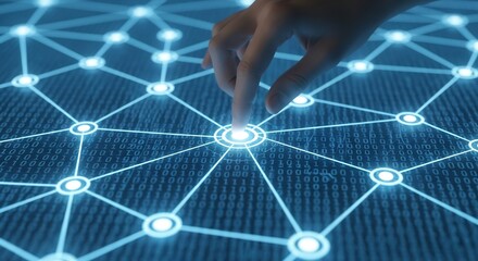 Finger Touching Network Nodes, Virtual Environment, Technology Concept, Close-up View