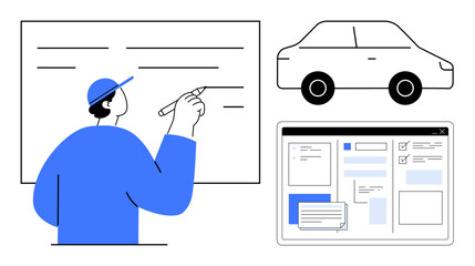 Person writing on a whiteboard, a car icon, and a task organizer interface. Ideal for brainstorming, planning, productivity, organization, innovation mobility and technology. A simple flat metaphor