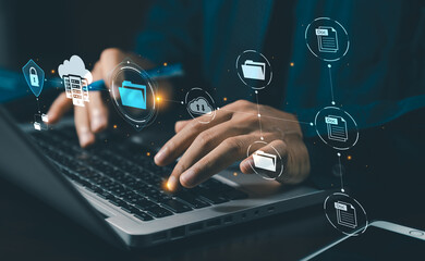 dms document management system concept. data storage. businessman using a tablet and touching folder