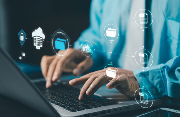 dms document management system concept. data storage. businessman using a tablet and touching folder