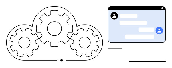 Cloud with three gears representing workflow integration beside a chat window with user icons and messages. Ideal for productivity, teamwork, communication, tech concepts, cloud computing, process