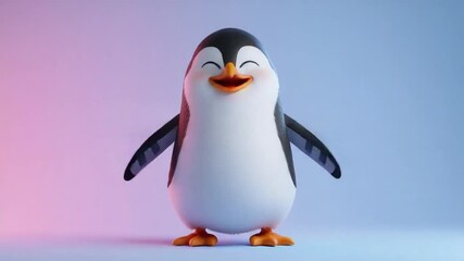 Happy Penguin: 3D Animated Joyful Embrace, Neon Background