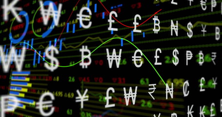 Wall Mural - Displaying financial dashboard with floating currency symbols, colorful charts and data on screen