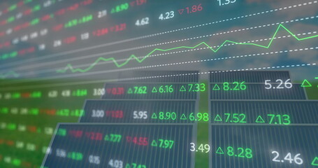 Wall Mural - Displaying financial market data showing stock price trends on trading screen with arrows and grids
