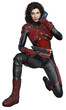 © JLD Media - Futuristic Brunette Woman wearing Red and Black Sci-Fi Armor Holding a Gun and Speaking into a Communicator on Transparent Background