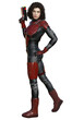 © JLD Media - Cautious Futuristic Brunette Woman wearing Red and Black Sci-Fi Armor Holding a Gun on Transparent Background
