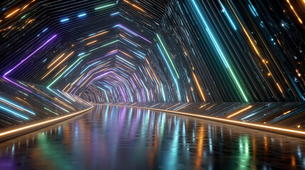 Wall Mural - neon tunnel: a futuristic neon tunnel, its path reflecting the vibrant lights of a diverse color pal
