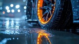 Wet Night with Car Wheel, and City Lights.