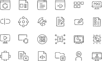 Vector collection of hand drawn style software development and web design icons representing various concepts and tools