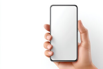 A hand is holding a modern smartphone with a blank white screen, showcasing a sleek device in a simple setting.