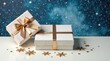 © napak - Elegant presents with gold ribbon adornment on a pristine white surface against a dreamy night sky backdrop.