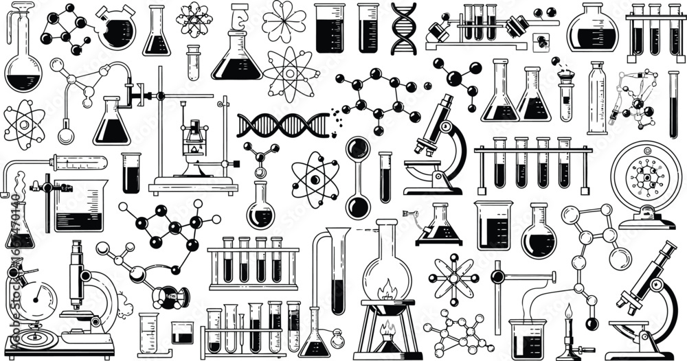 A collection of black and white science equipment and molecular ...