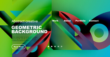 Wall Mural - modern website header design. vibrant geometric shapes, text overlay, navigation menu. clean aesthet