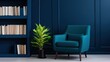 © chusnul - Cozy reading nook featuring a teal armchair beside a bookshelf in a modern blue room with greenery