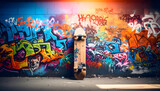 Urban street style graffiti wall with skateboards leaning against the wall, hip hop vibe, brightly colored spray paint.