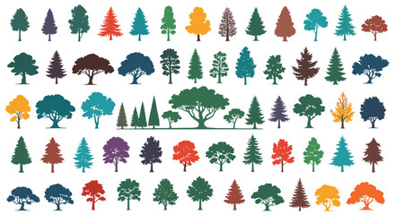 Colorful tree silhouettes collection for nature designs, forestry projects and landscape illustration needs