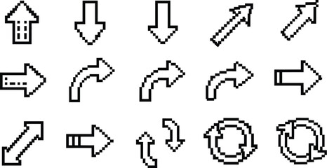 Pixel art arrow set, offering various directions and styles for web design, user interfaces, and digital projects