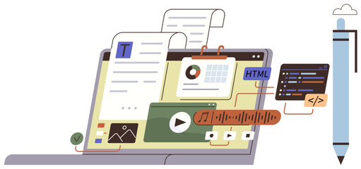 Open laptop displaying text, graphics, charts, HTML code, audio, and video files. Pen and cloud icon beside. Ideal for website design, content creation e-learning digital strategy web development