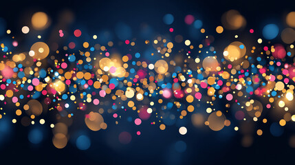 Colorful bokeh lights in yellow, blue, pink, and white scattered against a dark background creating a festive and vibrant abstract atmosphere