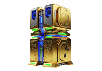 Golden futuristic machine with blue lights isolated on transparent background